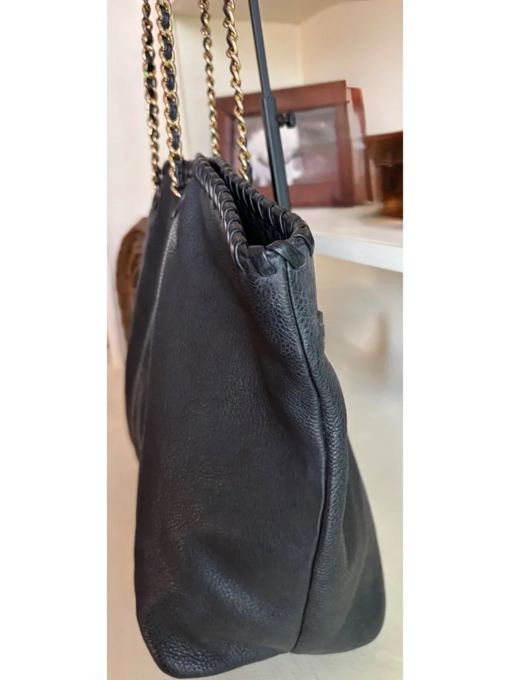 Tory Burch Marion Bag Whipstitch Trim Gold Chain Pebbled Black Shoulder Leather - Picture 6 of 13